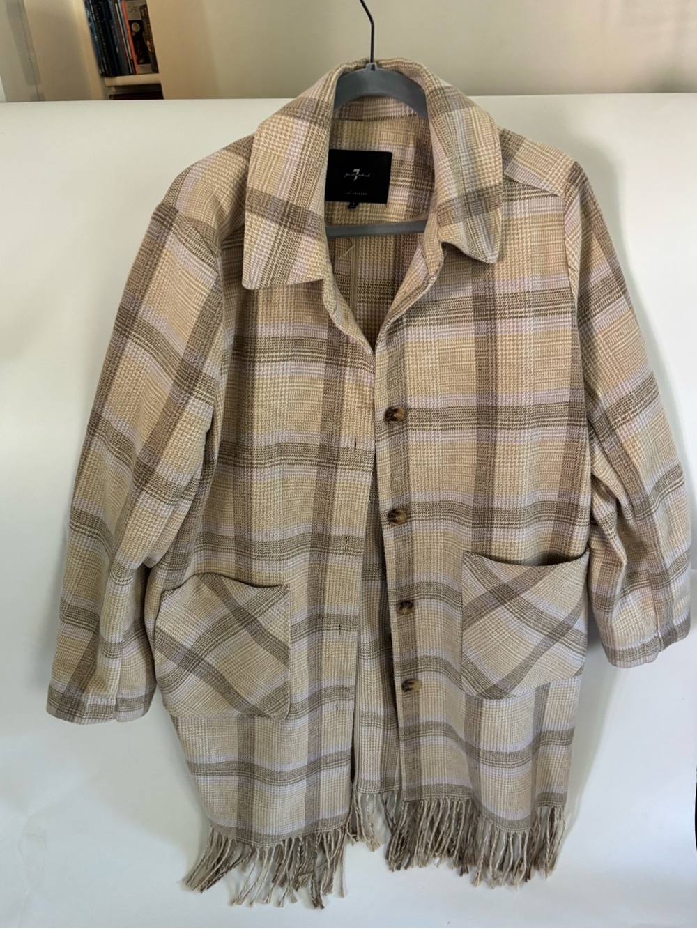 7  for All Man Kind Plaid Fringe Button-Up Coat